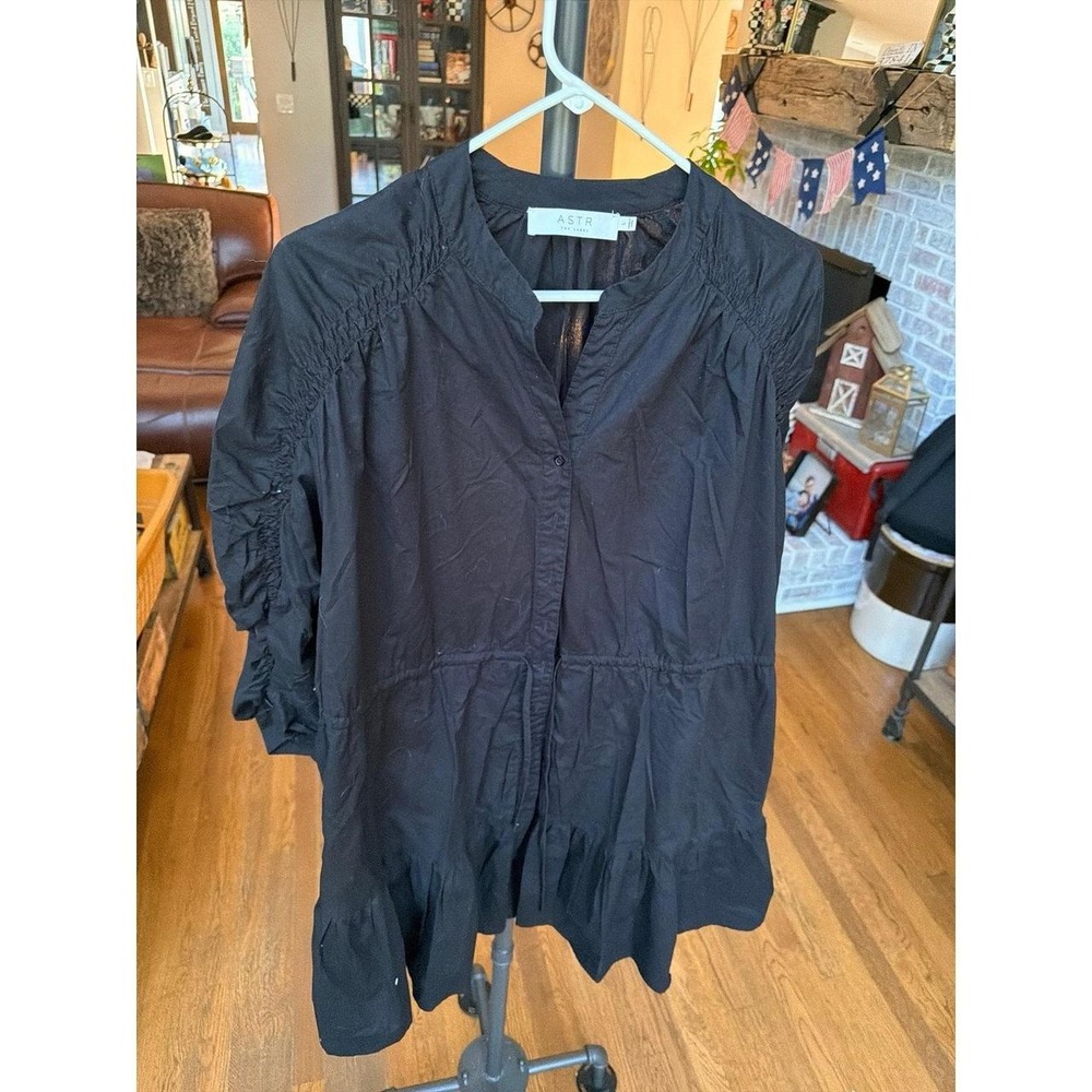 ASTR cotton mini dress black button-down front, ruched women's L